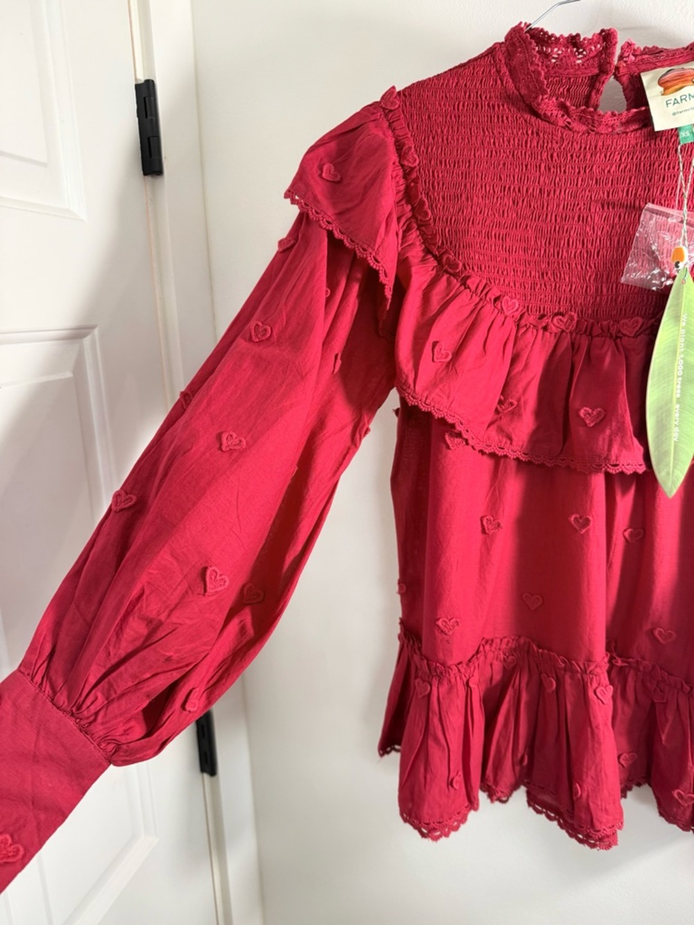 FARM Rio Red Ruffle-Yoke Heart Embroidered Top - Picture 3 of 4